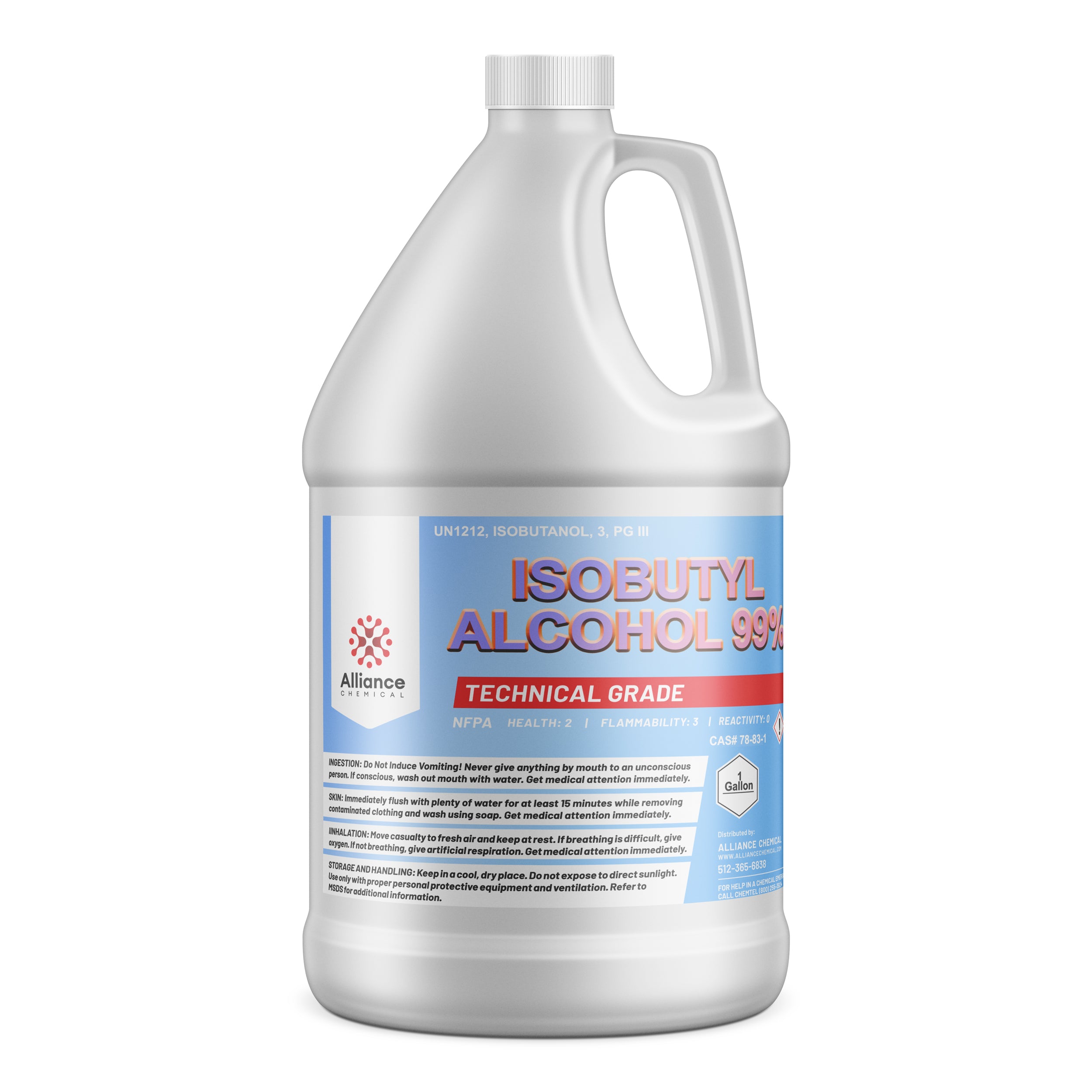 One-gallon white HDPE jug of technical-grade Isobutyl Alcohol 99%, featuring Alliance Chemical branding, NFPA diamond, and safety warnings for UN1212 flammable liquid.